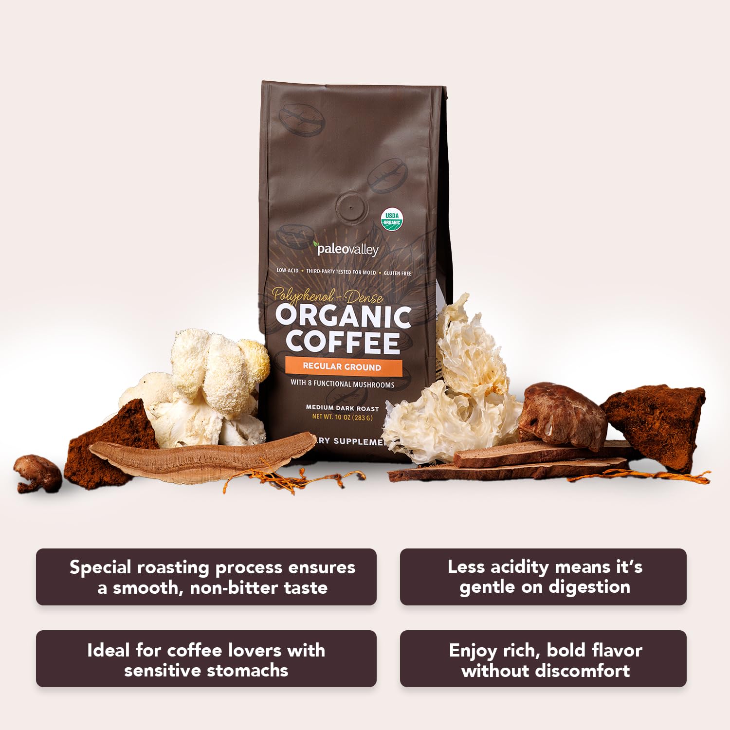 Paleovalley Organic Ground Coffee, 10oz - Regular, Low Acid, Single-Origin, Polyphenol-Rich, Infused with Mushrooms PaleovalleyBuy Supplements Australia