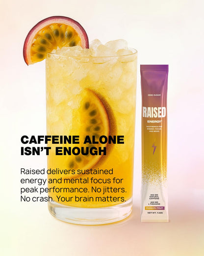 Raised Energy+ Nootropic Drink Mix | 200mg Natural Caffeine + L-Theanine | Zero Sugar | Clean Energy Powder for Focus, Mood & Motivation | 15 Stick Packs | Passion Fruit Flavor RaisedBuy Supplements Australia