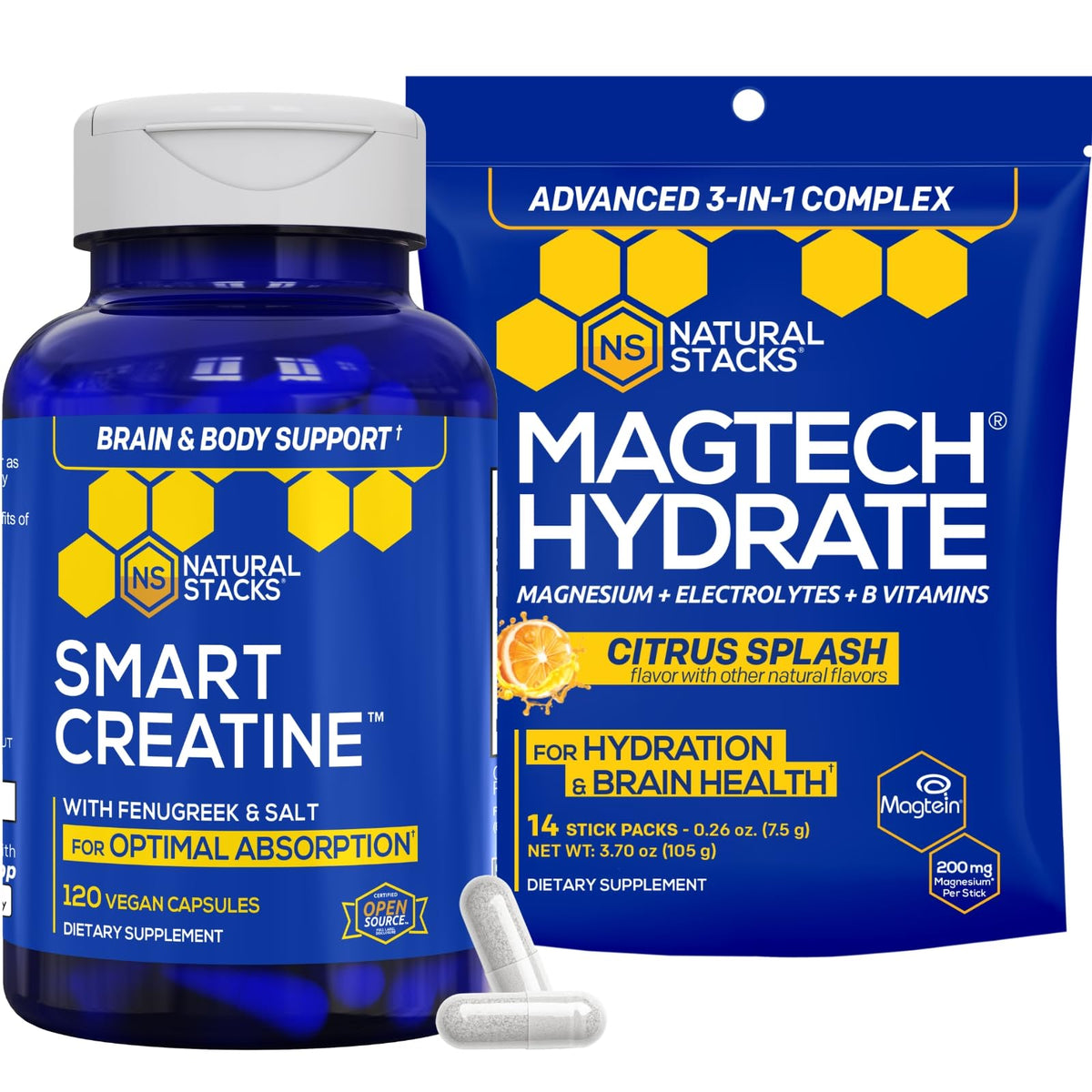 NATURAL STACKS Creatine Monohydrate & Magtech Hydrate Bundle - 2500mg Creatine + 200mg Elemental Magnesium Per Serving - Supports Hydration, Brain Health & Endurance - 44 Total Servings NATURAL STACKSBuy Supplements Australia
