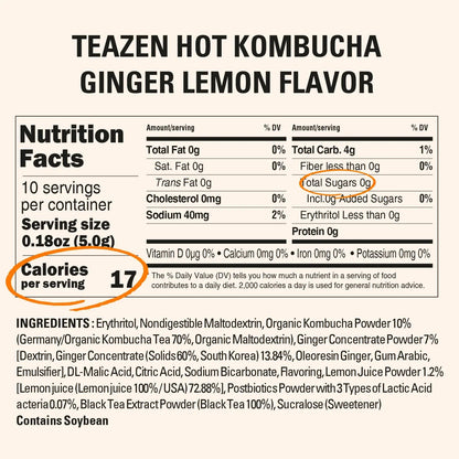 TEAZEN Lemon Ginger Hot Kombucha Tea, Live Probiotics & Postbiotics, Relaxation and Warmth for Colds and Sore Throat, Hydration Drink Mix, Sugar Free, 30 Sticks, 5.29oz TEAZENBuy Supplements Australia