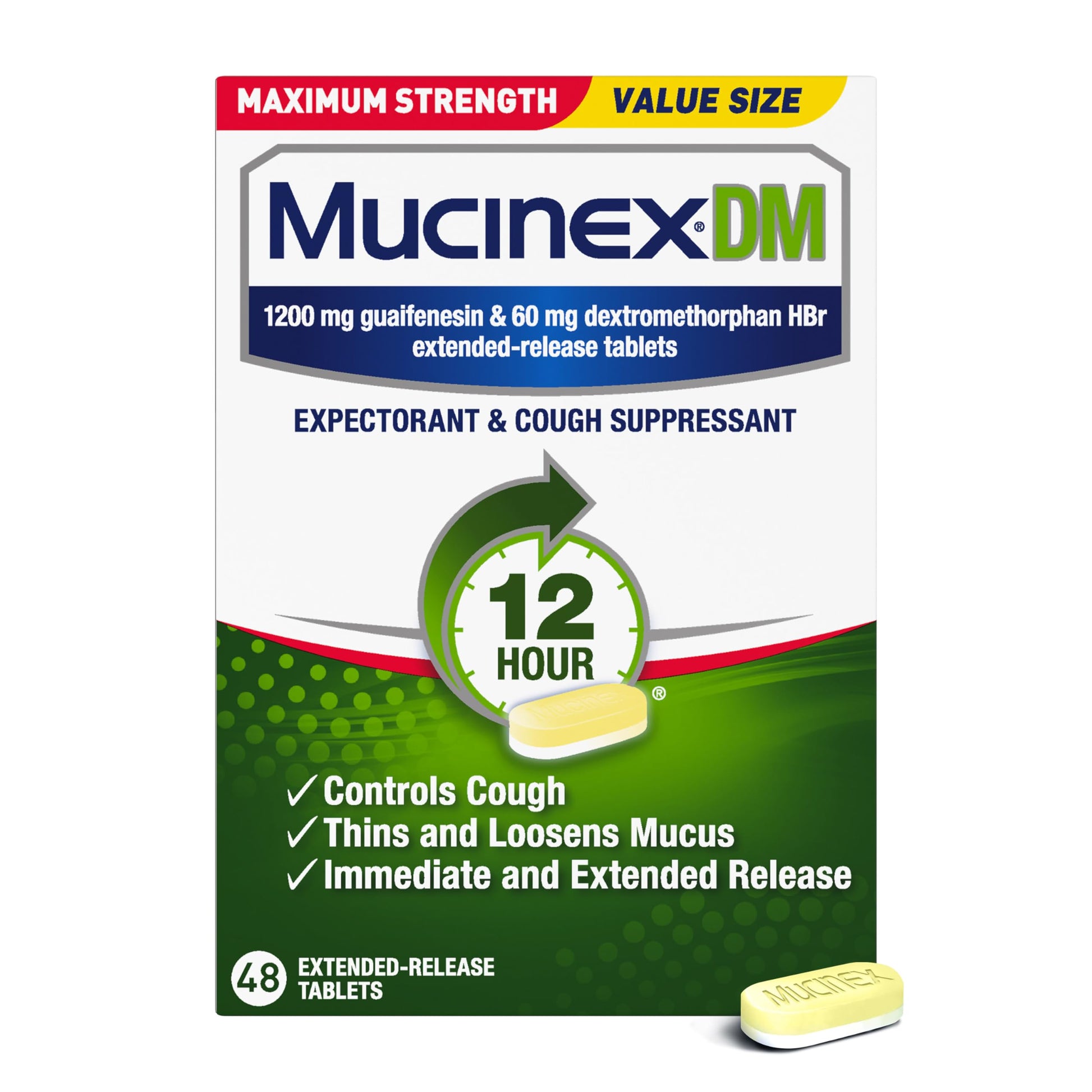 Mucinex DM 12Hr Maximum Strength Chest Congestion & Cough Medicine for Adults, Cold and Cough Medicine for Excess Mucus Relief, 1200 mg Guaifenesin & 60 mg Dextromethorphan HBr, 48 Bi-Layer Tablets Mucinex buy supplements Au