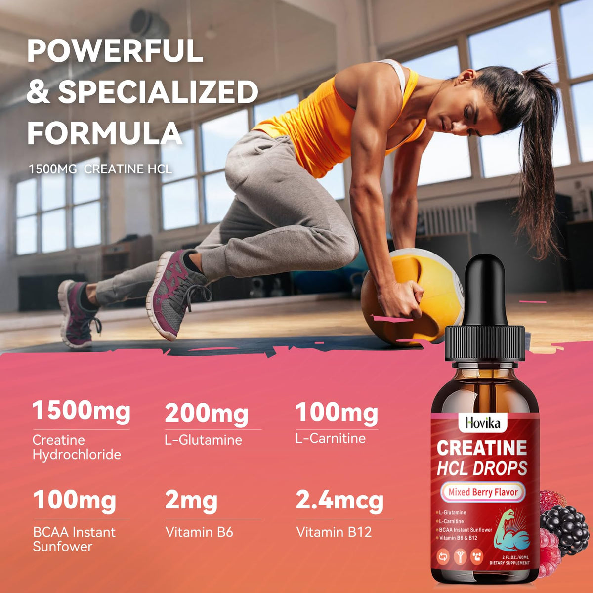 Creatine HCL Liquid Drops for Men & Women, Creatine Hydrochloride with L-Carnitine, L-Glutamine, BCAA, Vitamin B12 & B6 for Muscle Growth & Recovery-Vegan, Mixed Berry Flavor Flavor, 2 Fl Oz HovikaBuy Supplements Australia