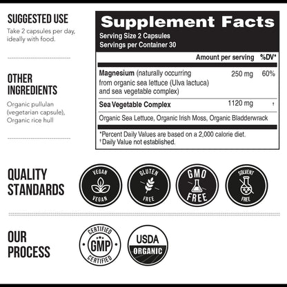 Organic Whole Food Magnesium Supplement - Plant-Based, Organic Sea Vegetable Complex - 250 mg Per Serving | Water Extracted | Gentle on Stomach | Supports Energy, Sleep, Muscle, Heart - 60 Capsules Triquetra Health buy supplements Au