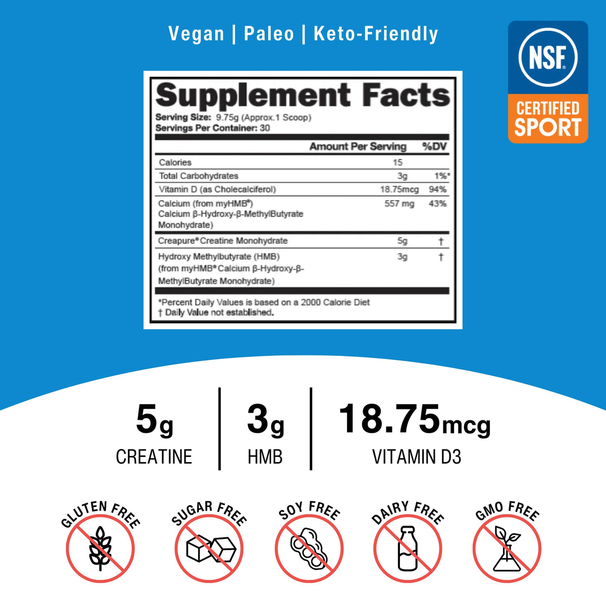 OptimalStack Creatine Monohydrate, HMB, & Vitamin D3 Stack | with Creapure Creatine, Clinical Dosage of myHMB, and Vitamin D3 | NSF for Sport Certified | Unflavored, 30 Servings OptimalAminoBuy Supplements Australia