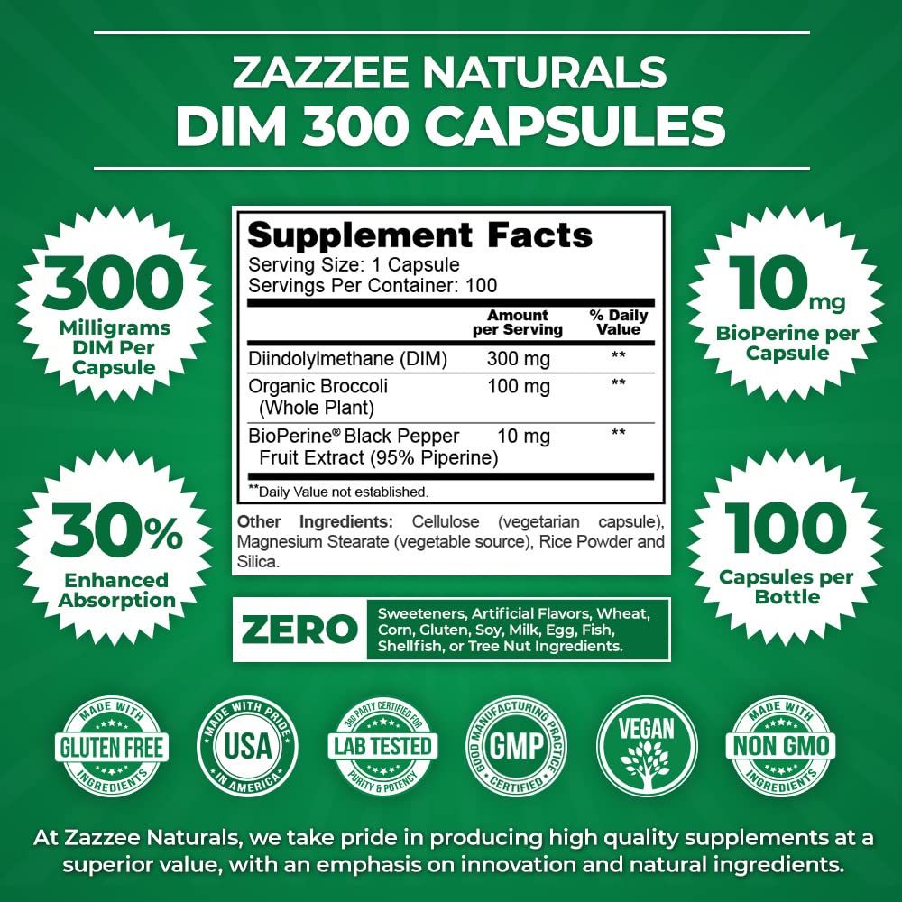 Zazzee Extra Strength DIM 300, 10 mg BioPerine and 300 mg DIM per Capsule, 100 Vegan ZazzeeBuy Supplements Australia