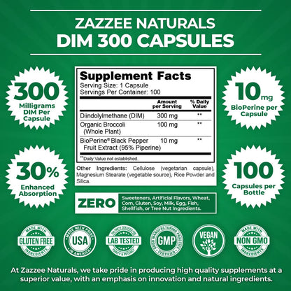 Zazzee Extra Strength DIM 300, 10 mg BioPerine and 300 mg DIM per Capsule, 100 Vegan ZazzeeBuy Supplements Australia