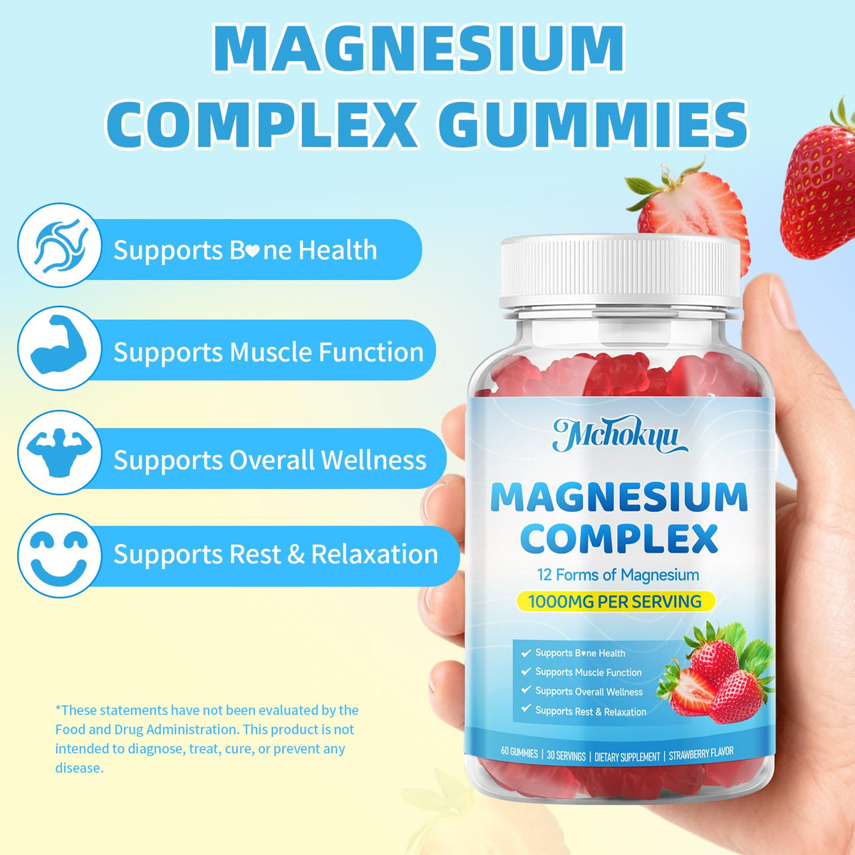 Magnesium Complex Gummies 1000mg | 12-in-1 Magnesium Complex Supplement with Glycinate, Citrate, Malate & Taurate Supports Muscle Function, Bone Health, Rest & Relaxation – Strawberry Flavor, 60 Count Mchokuu buy supplements Au