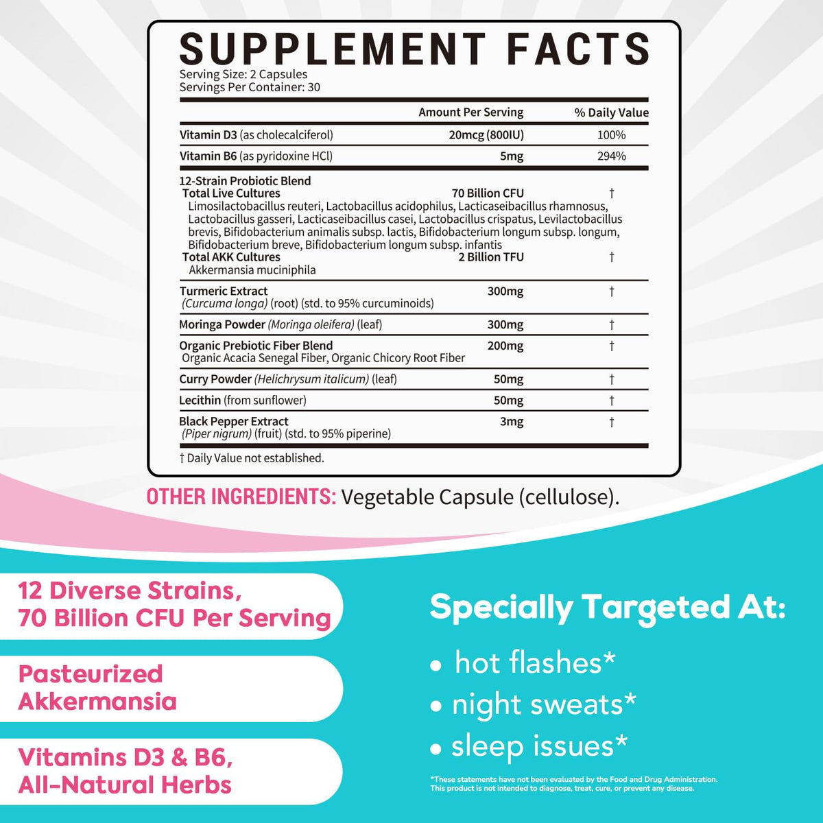 Surebounty Menopause Probiotic Supplement for Women, 70 Billion CFU, with Akkermansia Muciniphila, Vitamins B6 & D3, Botanicals, for Hormone Balance, Hot Flashes, Night Sweats, Gut Health, 60 Capsules SurebountyBuy Supplements Australia