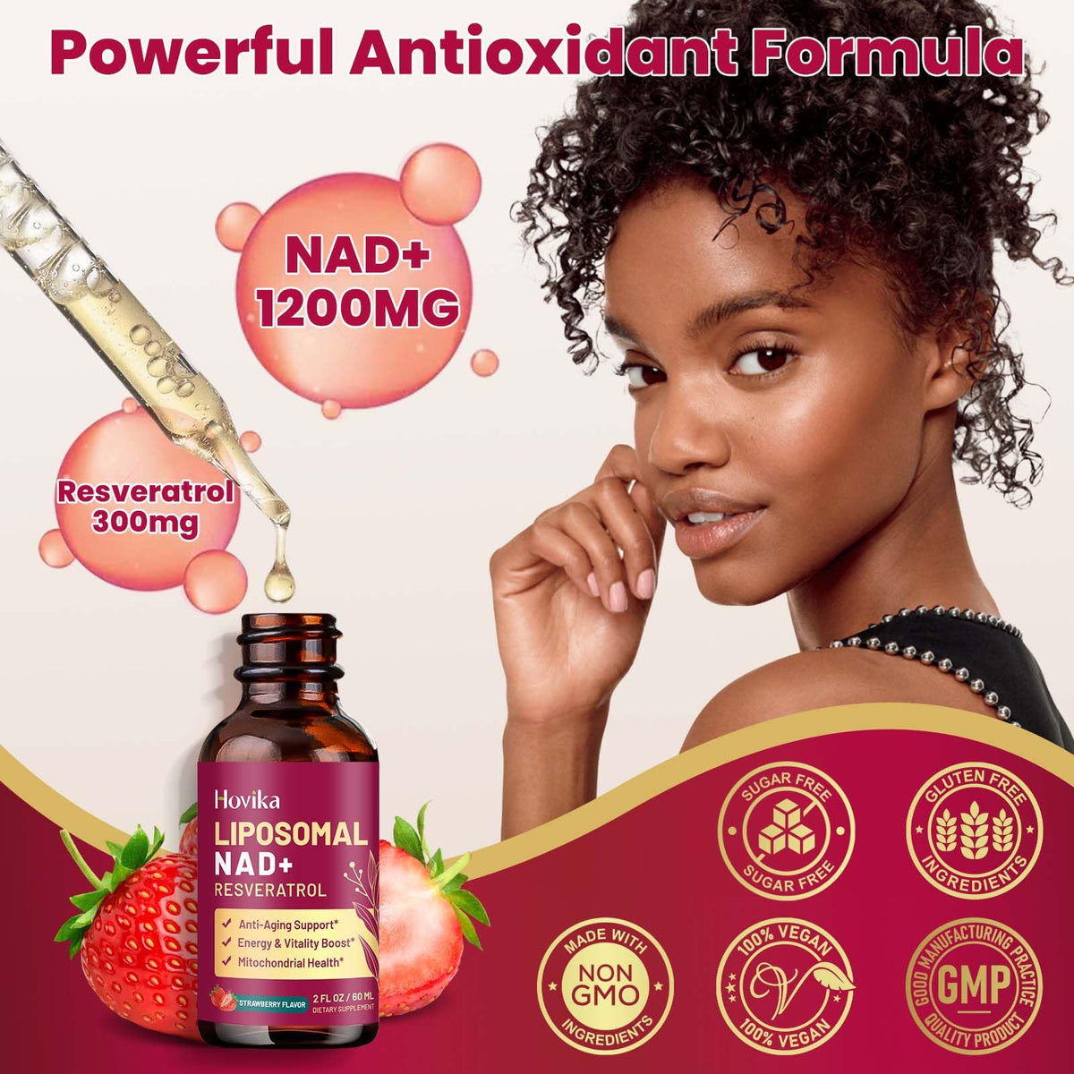 Liposomal NAD Supplement - 1200mg NAD+ Liquid Drops for Women & Men with Resveratrol, Black Pepper Extract - Support Anti-Aging, Brain & Cellular Mitochondrial Health - 2 Fl Oz, Strawberry Flavor HovikaBuy Supplements Australia