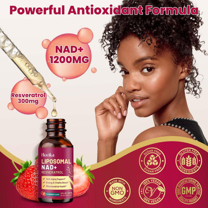 Liposomal NAD Supplement - 1200mg NAD+ Liquid Drops for Women & Men with Resveratrol, Black Pepper Extract - Support Anti-Aging, Brain & Cellular Mitochondrial Health - 2 Fl Oz, Strawberry Flavor HovikaBuy Supplements Australia