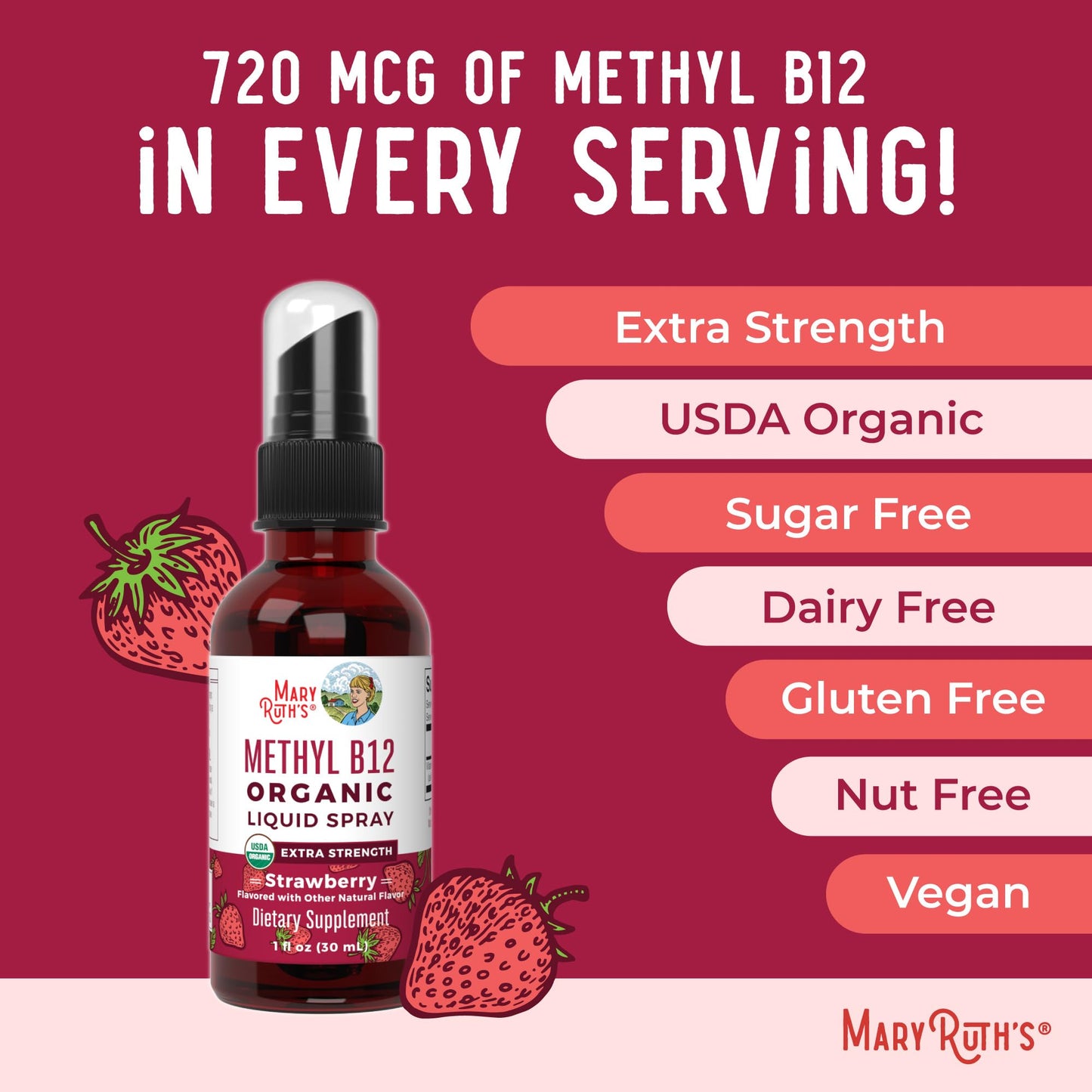 MaryRuth Organics Vitamin B12 Liquid Spray | Vegan, Non-GMO, Gluten-Free | USDA Organic Supplement | Energy & Nervous System Support | B12 Vitamins for Women & Men | 720 mcg | 1 Fl Oz MARYRUTH'SBuy Supplements Australia