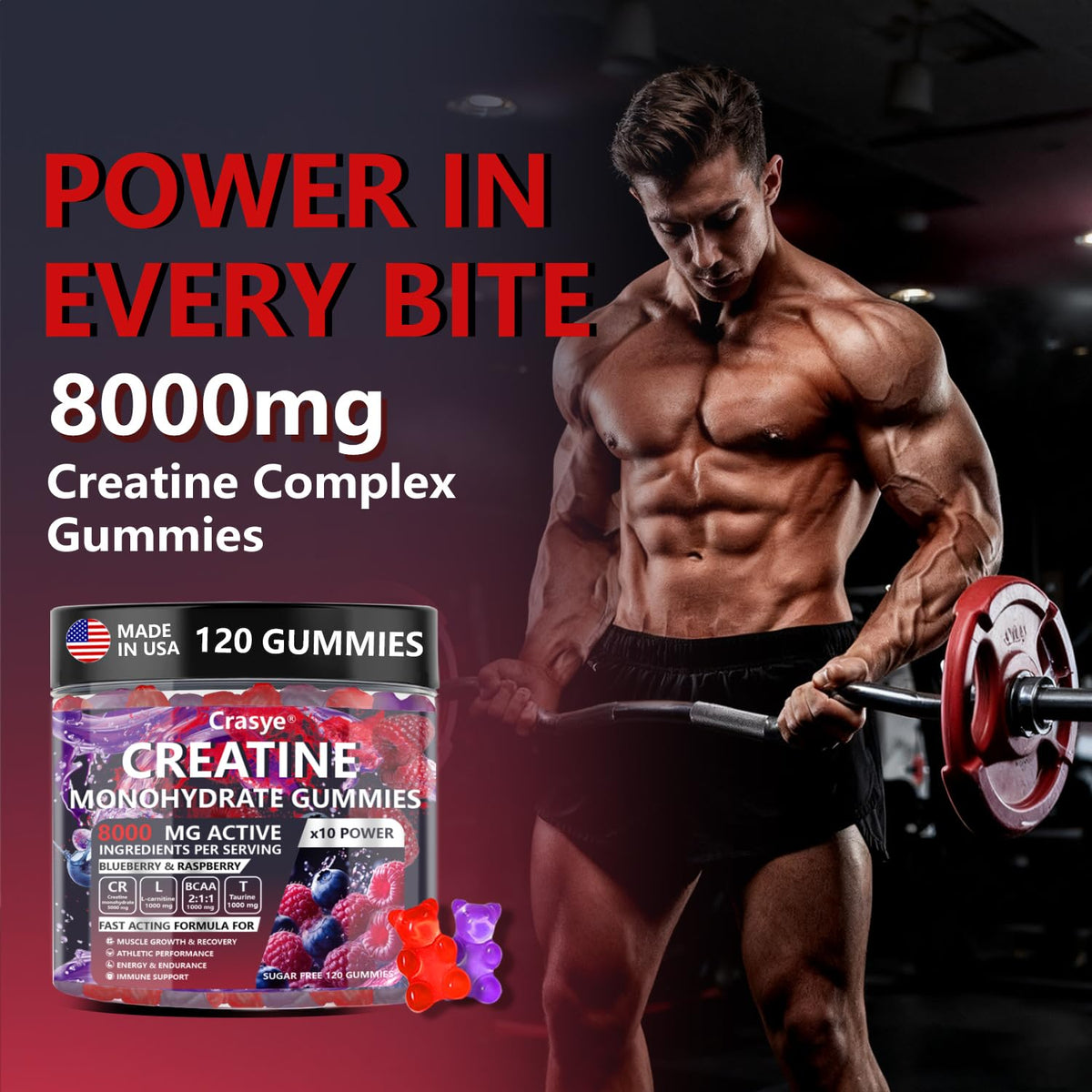 Crasye Creatine Gummies Complex 8000mg for Men and Women Creatine Monohydrate Gummy with BCAA Taurine for Muscle Strength and Energy Boost Sugar CrasyeBuy Supplements Australia