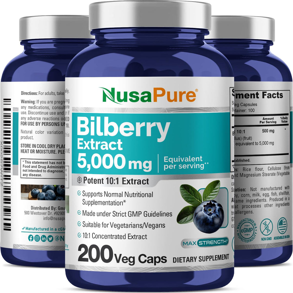 NusaPure Bilberry Extract 5,000mg 200 Vegetarian caps (Non-GMO, Vegan) NusaPureBuy Supplements Australia