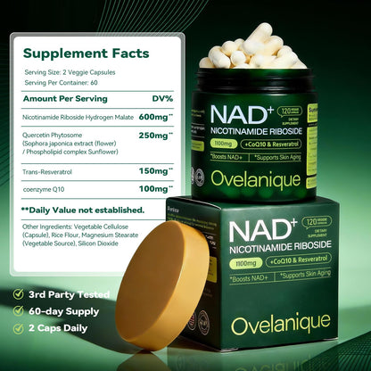 Ovelanique NAD Supplement with Nicotinamide Riboside & Resveratrol |NMNH Supplement Alternative| NAD+ Complex with Quercetin Phytosome & CoQ10 | Liposomal Delivery,120 Capsules(Packaging May Vary) OvelaniqueBuy Supplements Australia
