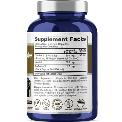NusaPure Choline & Inositol - Suitable for Vegetarian/Vegan, Non - GMO - 1000mg - 200 Veggie Capsules NusaPureBuy Supplements Australia