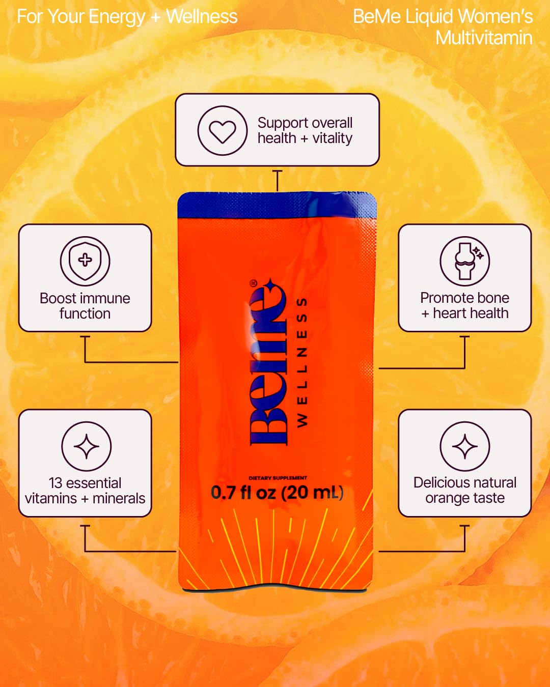 BeMe Liquid Multivitamins for Women - Advanced Liquid Delivery System with 13 Vitamins & Minerals - Tear & Go Sachets, Non-GMO, Orange Flavor (15 Sachets) BeMeBuy Supplements Australia