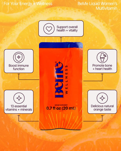BeMe Liquid Multivitamins for Women - Advanced Liquid Delivery System with 13 Vitamins & Minerals - Tear & Go Sachets, Non-GMO, Orange Flavor (15 Sachets) BeMeBuy Supplements Australia