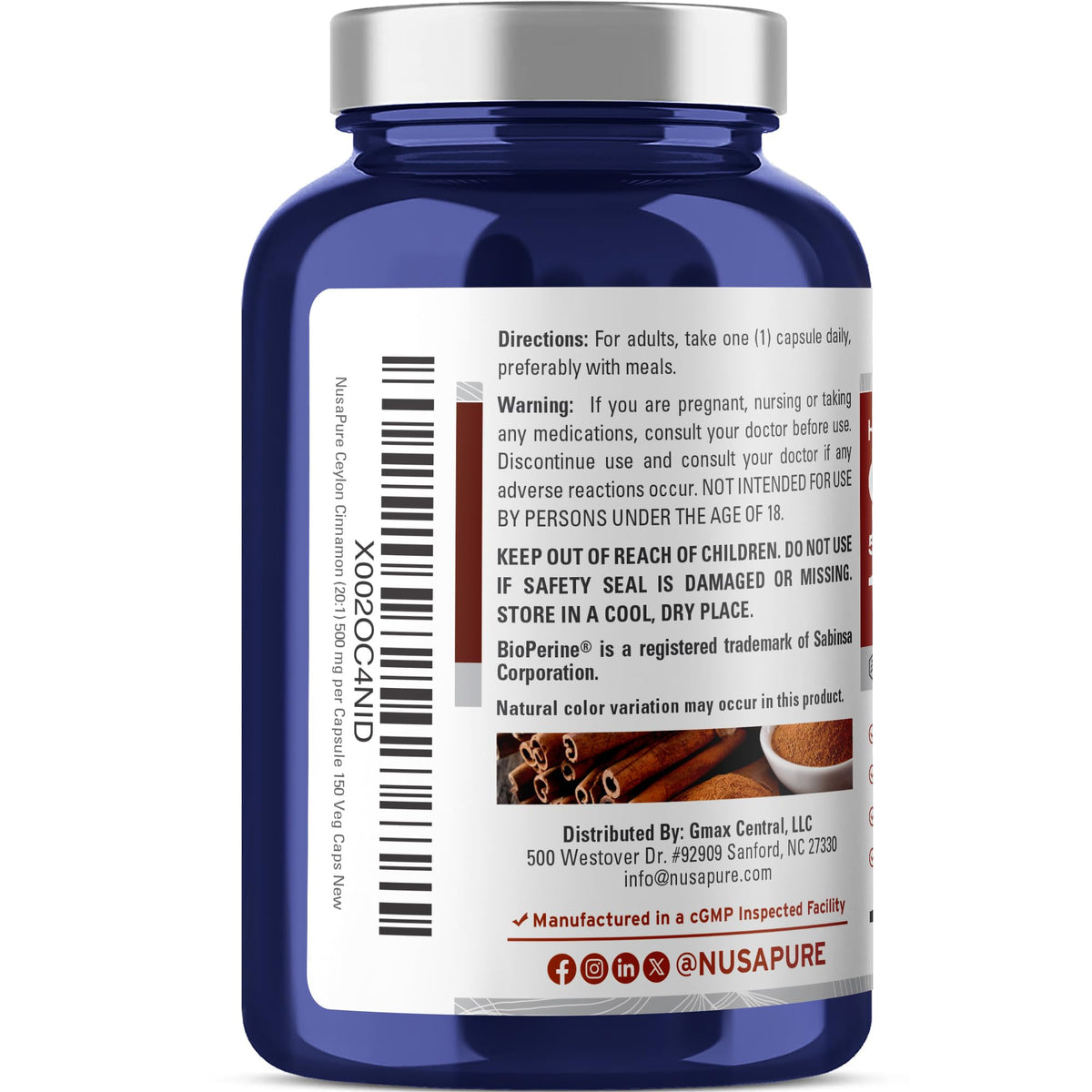 NusaPure Ceylon Cinnamon20:1 Extract, 500 mg Equivalent to 10,000 mg Per Caps | 150 Veggie Capsules | Non-GMO, Vegan with Bioperine NusaPureBuy Supplements Australia