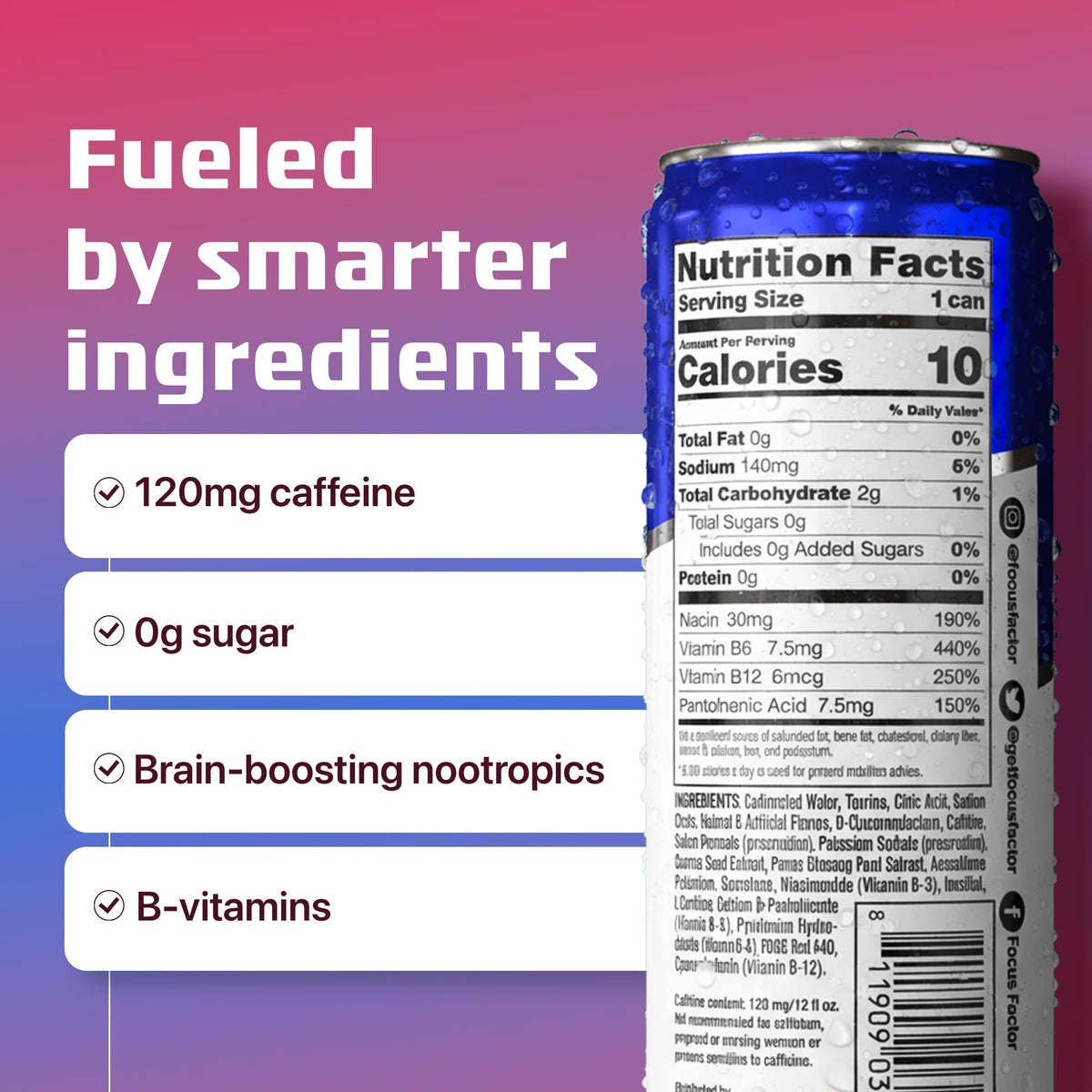 Focus Factor Energy Drink - 12 x 355ml Cans (Berry Flavour) - with Focus + Energy - Lightly Carbonated, Sugar Free, Low Calorie with Vitamin B6 & Vitamin B12 Focus FactorBuy Supplements Australia