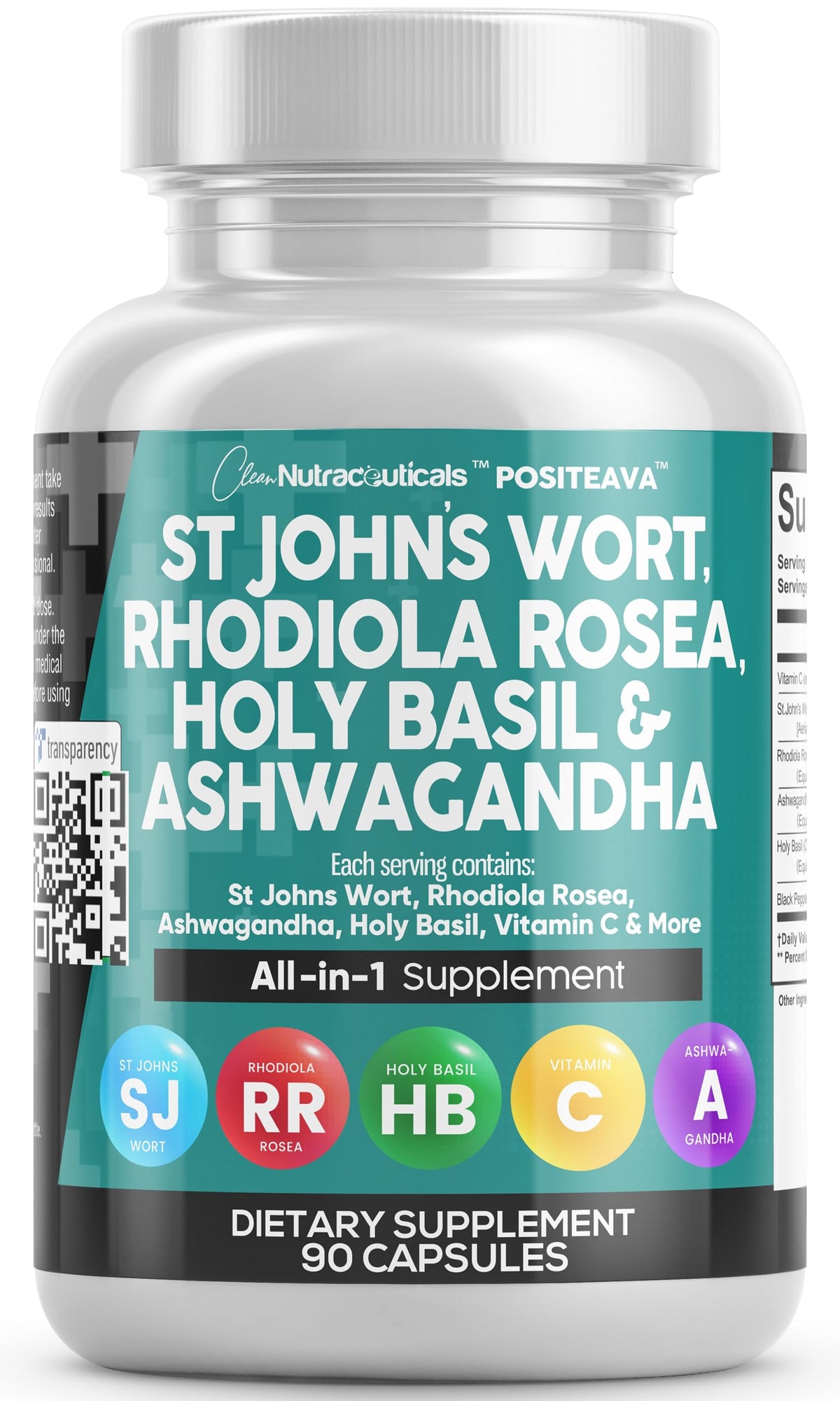 Clean Nutraceuticals St Johns Wort Rhodiola Rosea Holy Basil Ashwagandha - Mood Support for Women and Men with Vitamin C & Black Pepper Extract - 90 Caps Clean Nutraceuticals buy supplements Au