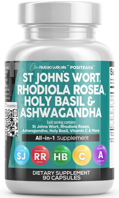 Clean Nutraceuticals St Johns Wort Rhodiola Rosea Holy Basil Ashwagandha - Mood Support for Women and Men with Vitamin C & Black Pepper Extract - 90 Caps Clean Nutraceuticals buy supplements Au