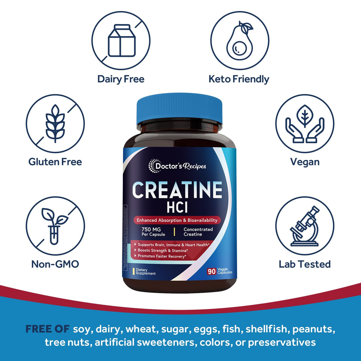 Doctor's Recipes Creatine HCl Capsules, 750 mg, Creatine Hydrochloride for Women & Men, Strength & Recovery, Brain Health, Fast Absorbing, Vegan, 90 Capsules Doctor's RecipesBuy Supplements Australia