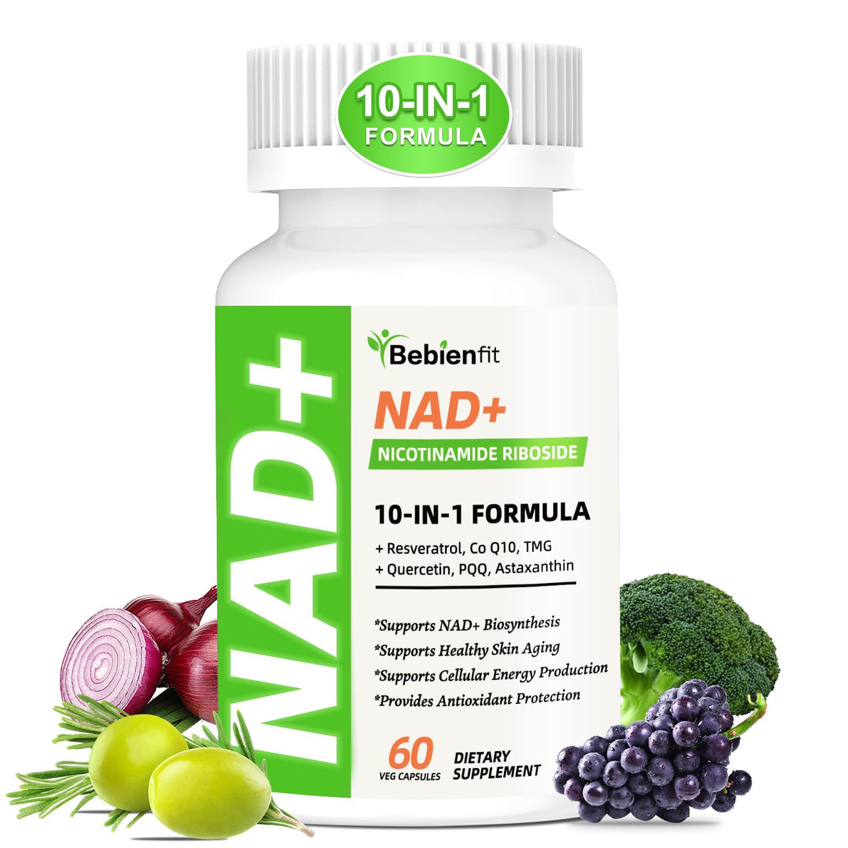 Nad Supplement for Healthy Aging | Energy| Antioxidant| Skin Health| Focus ,10-in-1 Formula with NR,Trans-Resveratrol,CoQ10,Astaxanthin,PQQ,TMG,Quercetin,Olive Fruit Nad+ for Women Men,60 Vegan Caps Bebien fitBuy Supplements Australia