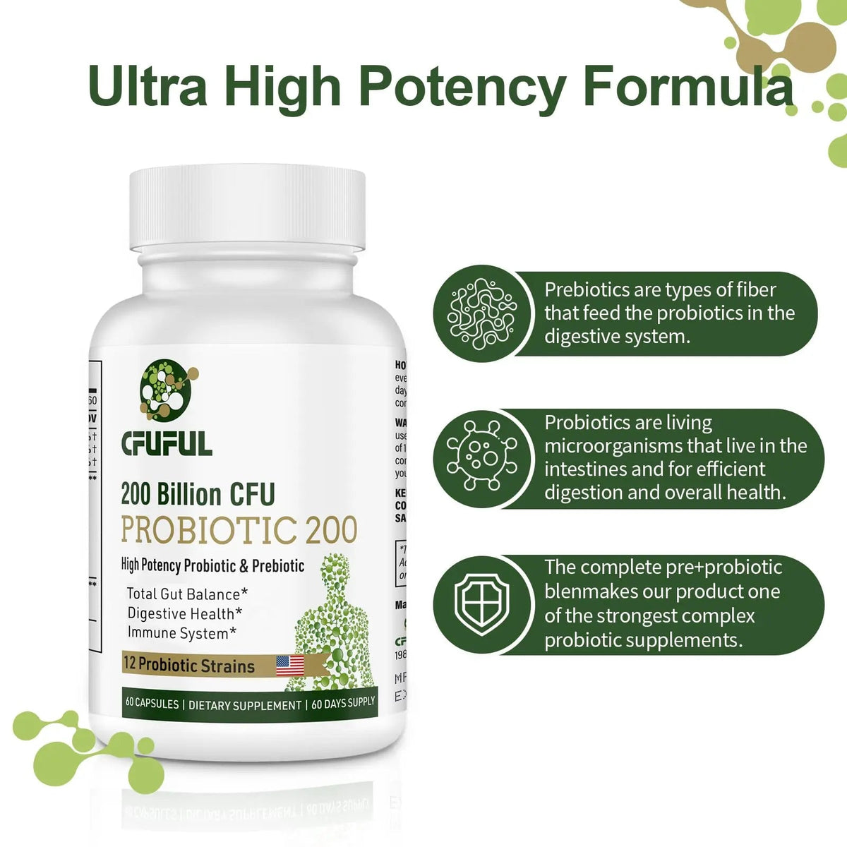 Probiotics for Women & Men, 200 Billion CFU 12 Strains with 3 Organic Prebiotics and Probiotics for Digestive Health Gut, Immune, Bloating & Gas, Energy, Overall Health, Shelf Stable - 2 Month Supply CfufulBuy Supplements Australia