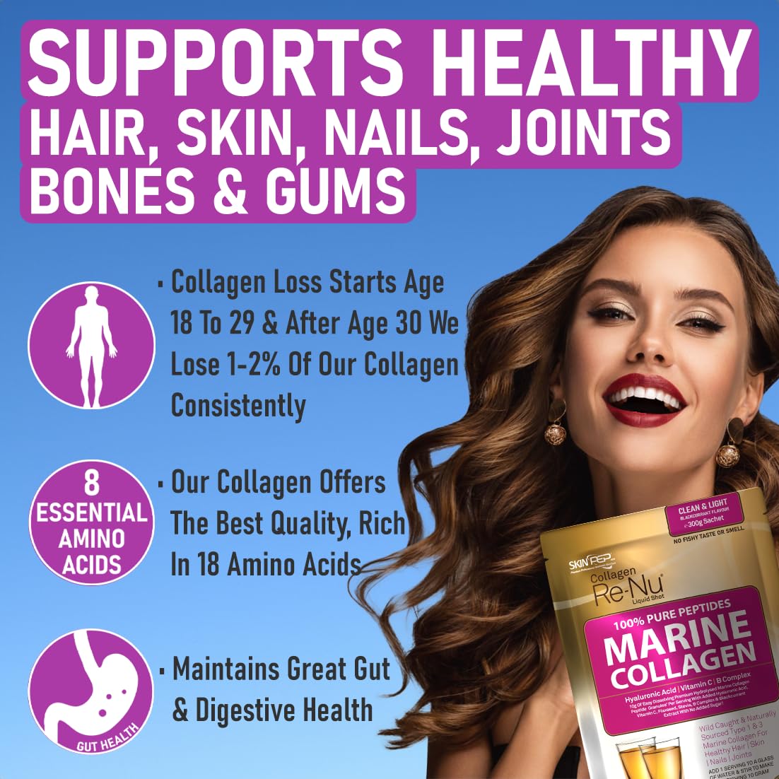 Premium Hydrolysed Marine Collagen Peptide Powder + VIT C, B Complex Hyaluronic Acid, & Stevia. Delicious Taste/No Fishy Smell - SkinPep® Collagen Re-Nu 300g - 30 Days Supply SkinPepBuy Supplements Australia