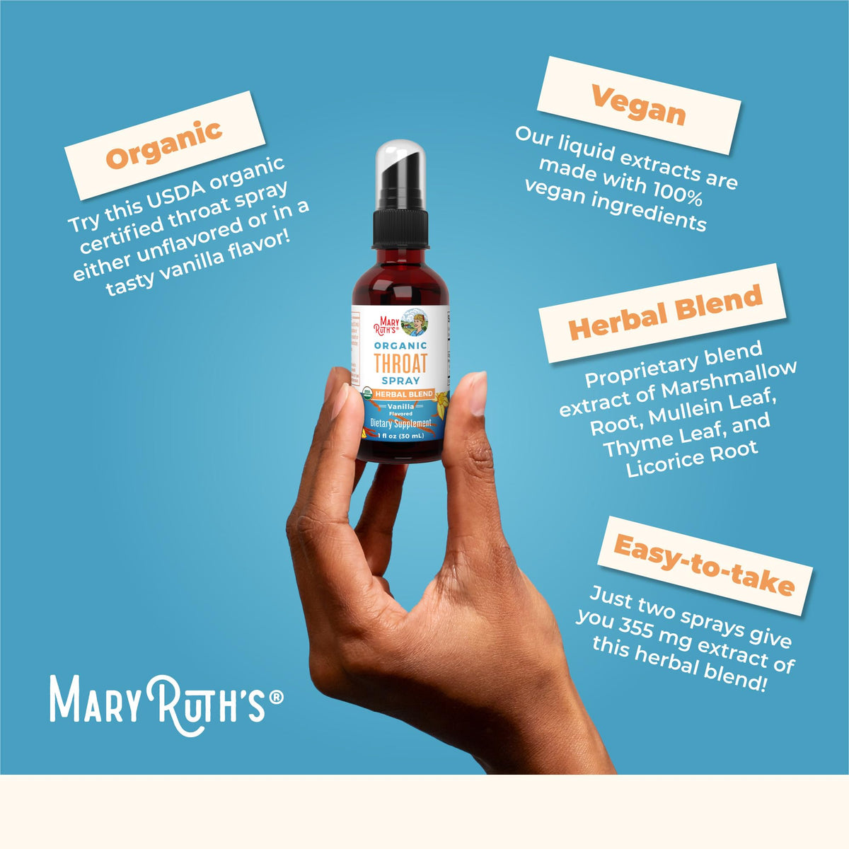 MaryRuth Organics USDA Organic Throat Spray with Mullein Leaf | Marshmallow Root & Licorice Root & Thyme Leaf | Vanilla | 4 Herbal Blend | Non-GMO | Vegan | Gluten Free | 1 Fl Oz | Up to 100 Servings MARYRUTH'SBuy Supplements Australia