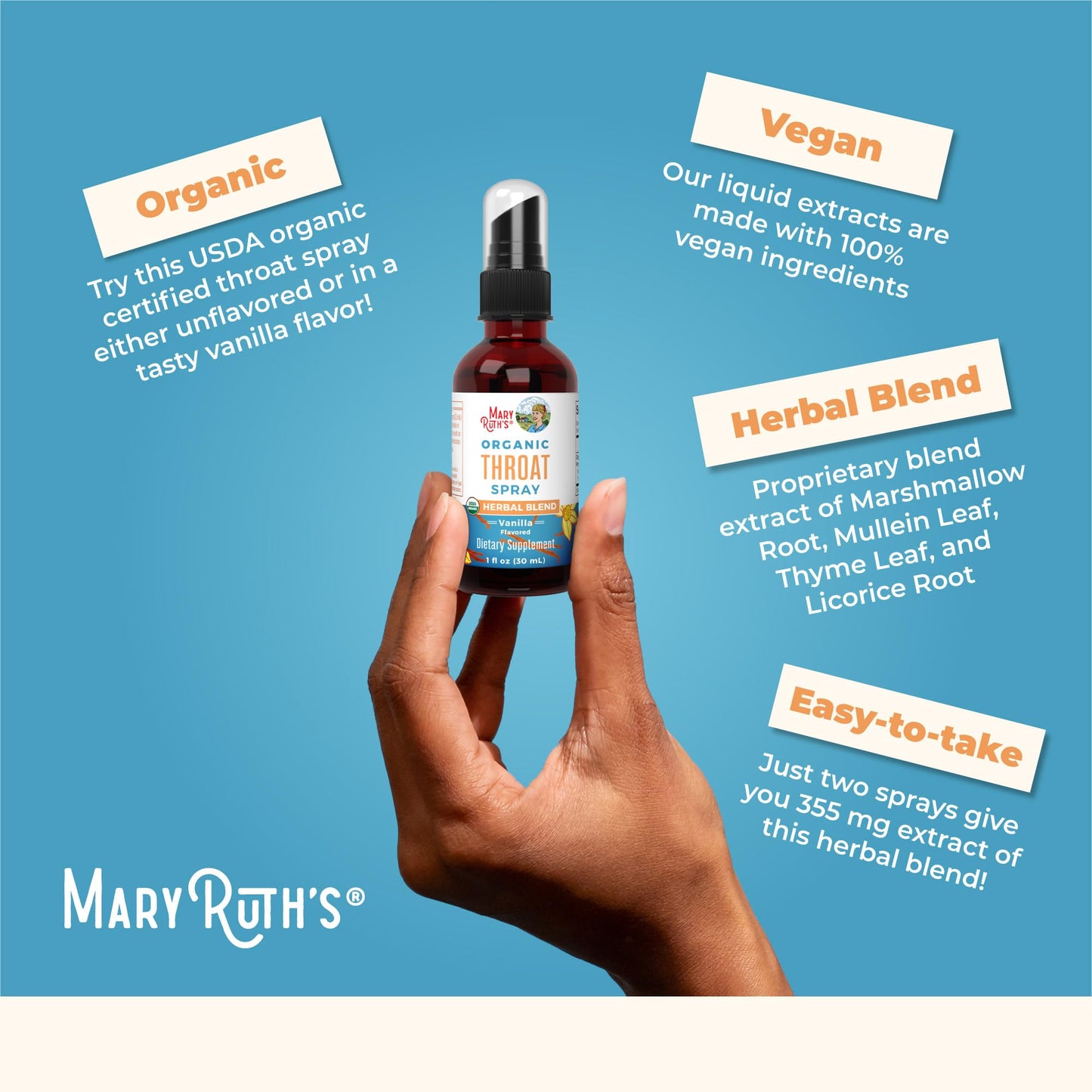 MaryRuth Organics USDA Organic Throat Spray with Mullein Leaf | Marshmallow Root & Licorice Root & Thyme Leaf | Vanilla | 4 Herbal Blend | Non-GMO | Vegan | Gluten Free | 1 Fl Oz | Up to 100 Servings MARYRUTH'SBuy Supplements Australia