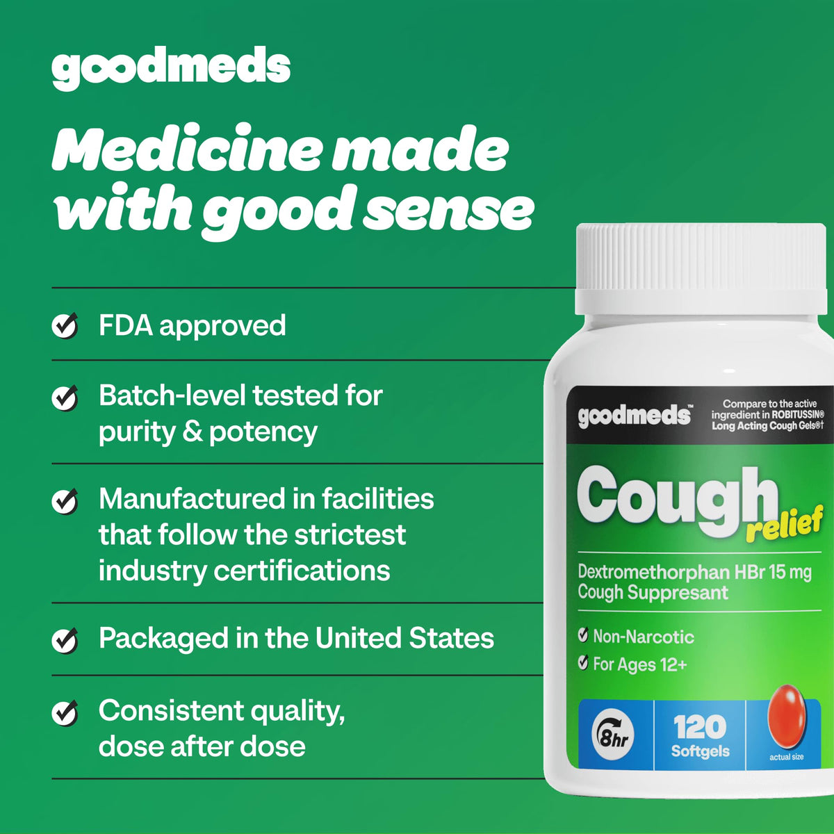 GoodMeds Cough Relief for Adults Softgels Dextromethorphan HBr (DXM) 15mg 8Hour, Non-Drowsy, Long-Lasting Bronchial Suppressant for Dry Cough and Chest Congestion (120 Count) GoodMeds buy supplements Au