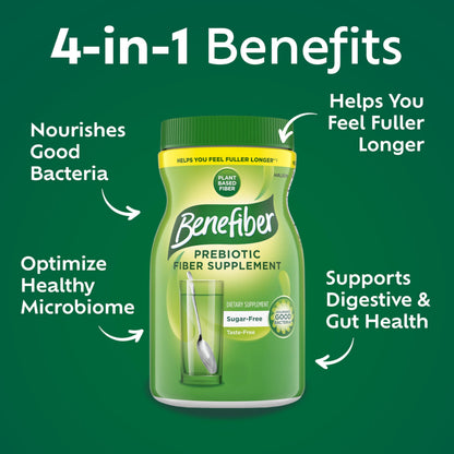 Benefiber Daily Prebiotic GLP-1 Friendly Fiber Supplement Powder for Digestive Health, Unflavored - 250 Teaspoons (17.6 Ounces)