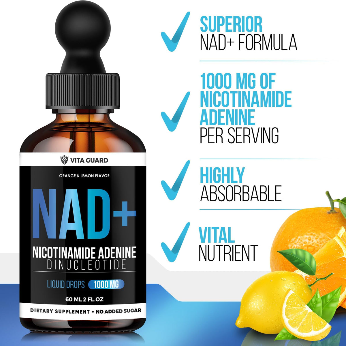 Vita Guard Pure NAD+ Supplements 1000mg Liquid Drops for Women & Man | Nicotinamide Adenine Similar to Nicotinamide Riboside NAD Plus Boosting Supplement - Natural Lemon & Orange Flavor Vita GuardBuy Supplements Australia