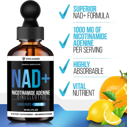 Vita Guard Pure NAD+ Supplements 1000mg Liquid Drops for Women & Man | Nicotinamide Adenine Similar to Nicotinamide Riboside NAD Plus Boosting Supplement - Natural Lemon & Orange Flavor Vita GuardBuy Supplements Australia
