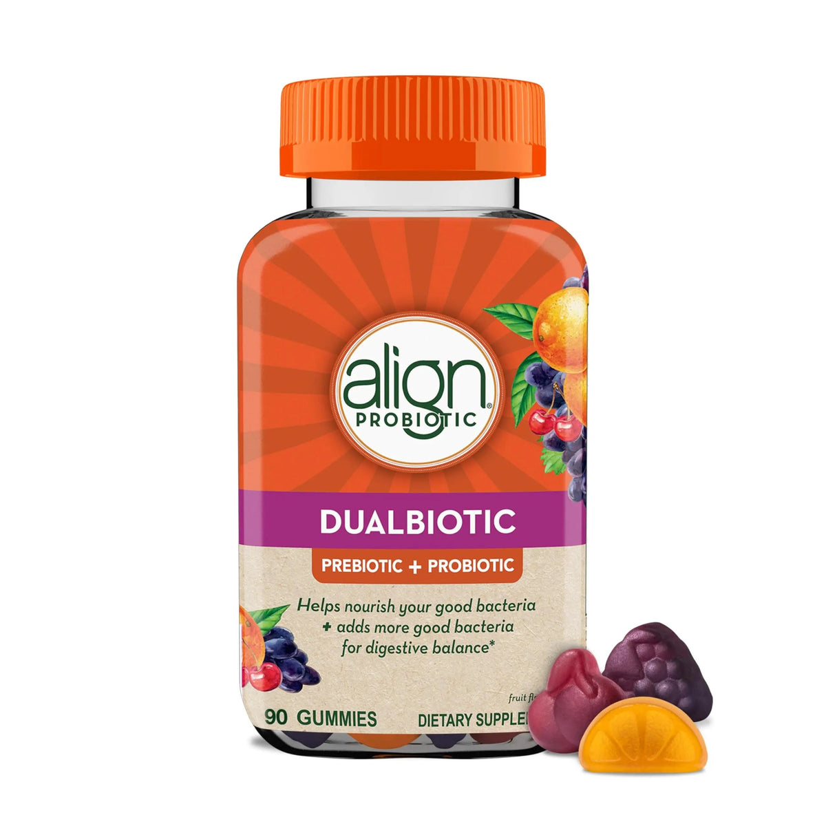 Align Dualbiotic, Prebiotics and Probiotics for Women and Men, Probiotics for Digestive Health, Prebiotics Help Nourish Good Bacteria, Natural Fruit Flavors, 90 Probiotic Gummies AlignBuy Supplements Australia