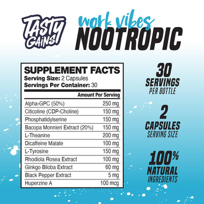 Nootropic Brain Supplement for Memory and Focus - Vitamin for Mental Health & Brain Health with L-Theanine, Rhodiola Rosea & Phosphatidylserine - Memory, Mental Clarity & Cognitive Improvement - 60 Ct TASTY GAINSBuy Supplements Australia