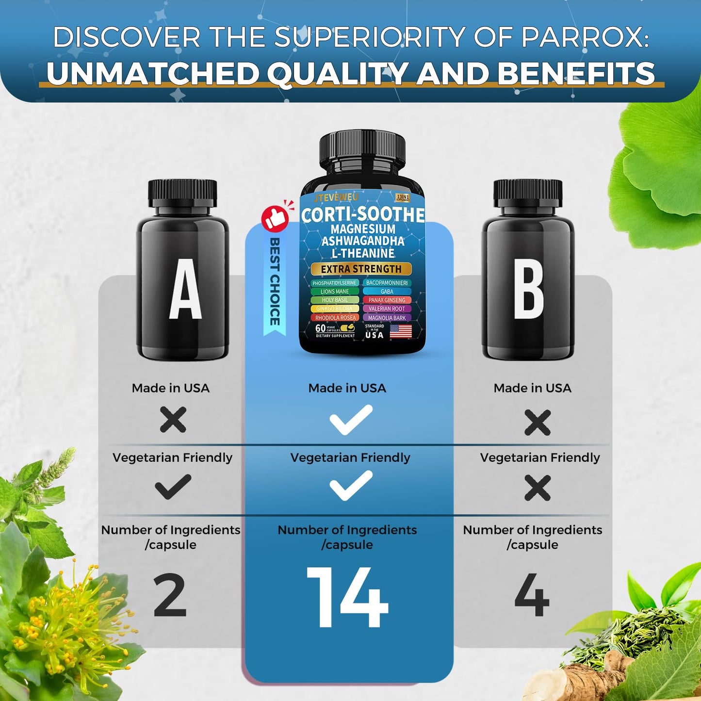 Corti-Soothe Cortisol Supplement for Women and Men with Magnesium Glycinate 200mg, L-Theanine 150mg, Phosphatidylserine 50mg & Manager Holy Basil Ginkgo Biloba Bacopa Monnieri Valerian 60 Capsules JTEVEweuBuy Supplements Australia