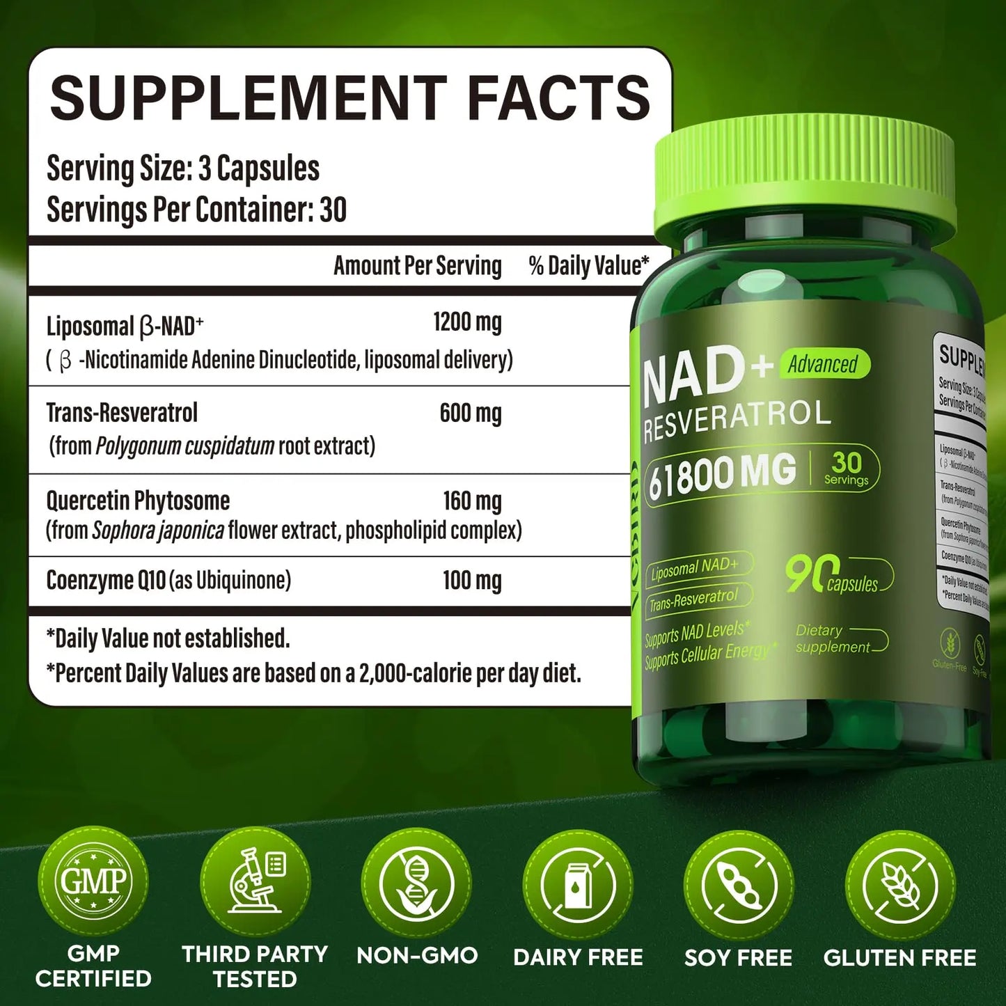Nad Resveratrol Supplement 61800mg Per Bottle – Liposomal Nad+ Resveratrol for Women & Men – High Purity 1200mg Nad+ Supplement for Energy & Healthy Aging, Resveratrol, Quercetin, CoQ10 – 90 Counts VCBIRDBuy Supplements Australia