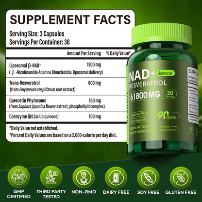 Nad Resveratrol Supplement 61800mg Per Bottle – Liposomal Nad+ Resveratrol for Women & Men – High Purity 1200mg Nad+ Supplement for Energy & Healthy Aging, Resveratrol, Quercetin, CoQ10 – 90 Counts VCBIRDBuy Supplements Australia
