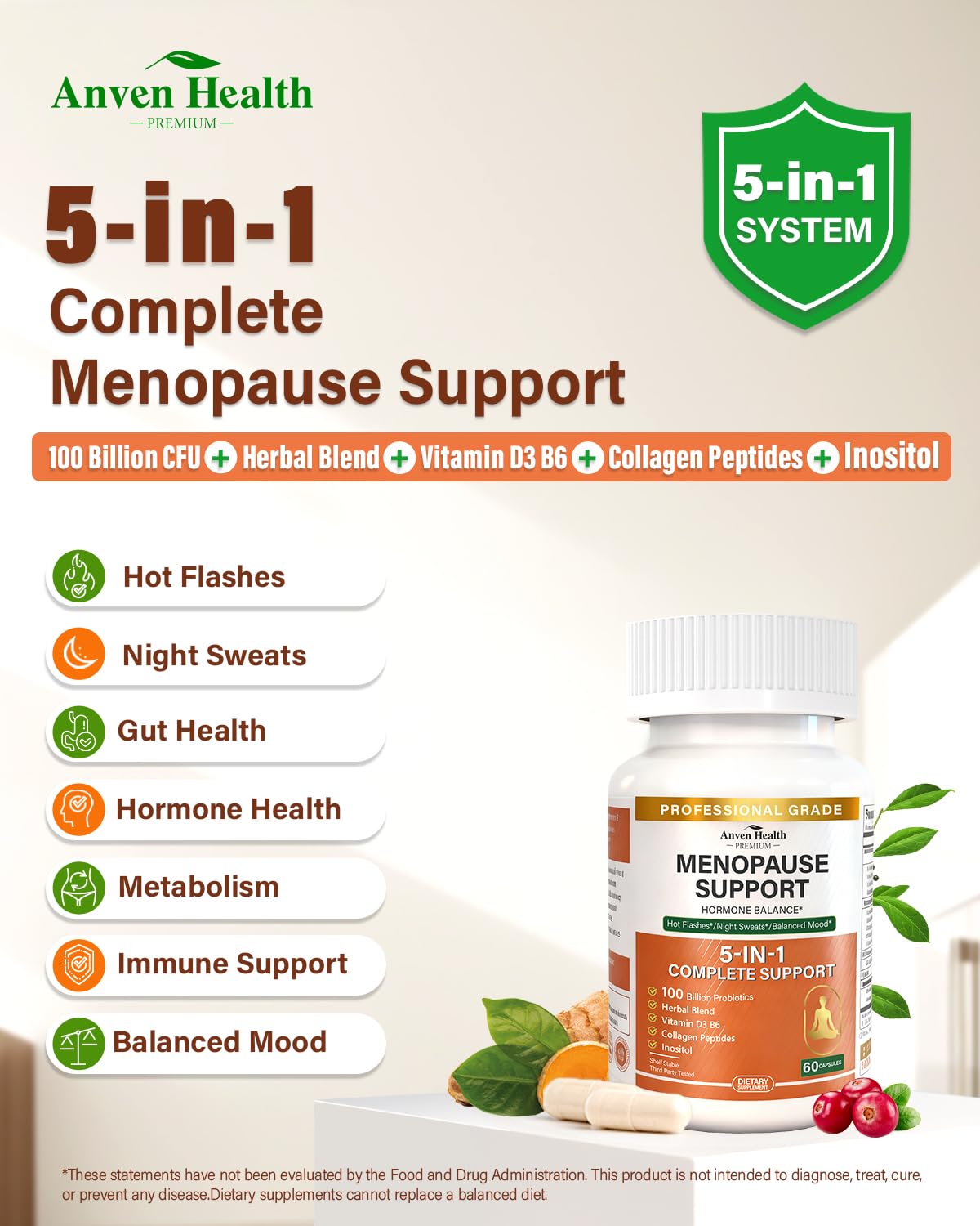 Anven Health Menopause Supplements for Women, Vitamin D3 & B6, Menopause Relief Probiotics Supports Hot Flashes, Night Sweats, Bloating & Gut Health with Black Cohosh, Herbs, Collagen | 60 Veggie Caps Anven HealthBuy Supplements Australia