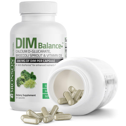 Bronson DIM Balance+ Calcium D-Glucarate, Broccoli Sprouts and Vitamin D3 200 MG of DIM per Capsule Supports Estrogen Metabolism and Balanced Hormone Levels Non-GMO, 30 Vegetarian Capsules BronsonBuy Supplements Australia