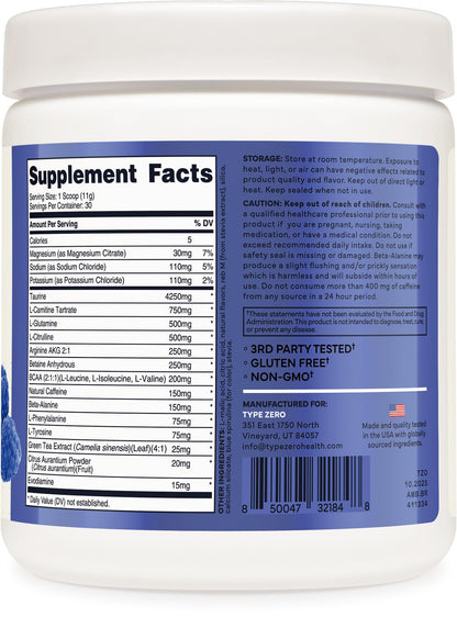Type Zero Amino Burn - Vegan BCAA + Clean Pre Workout Powder with Arginine AKG, L-Citrulline & Beta Alanine - Amino Acid Clean Energy, Endurance & Hydration Supplement - Blue Raspberry, 30 Servings Type ZeroBuy Supplements Australia