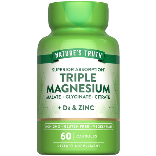 Green supplement bottle labeled 'Nature's Truth Triple Magnesium' on a white background