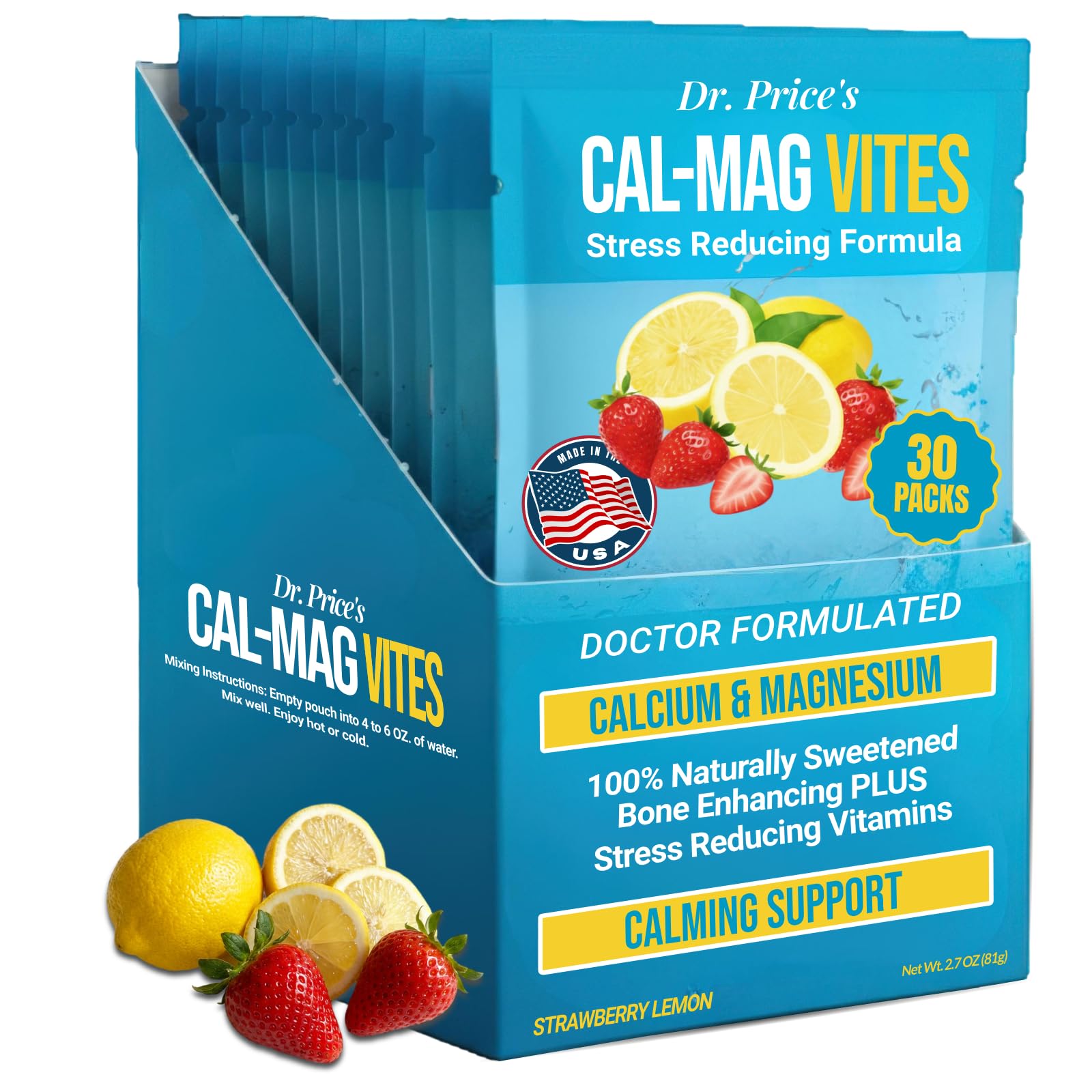 Dr. Price’s Cal-Mag Vites – Strawberry Lemon, 30 Packs | Calcium Magnesium Powder Packets + Vitamin D3, K & Boron | Calming Bone & Muscle Support for Kids & Adults | Doctor-Formulated, Made in USA Dr. Price's VitaminsBuy Supplements Australia