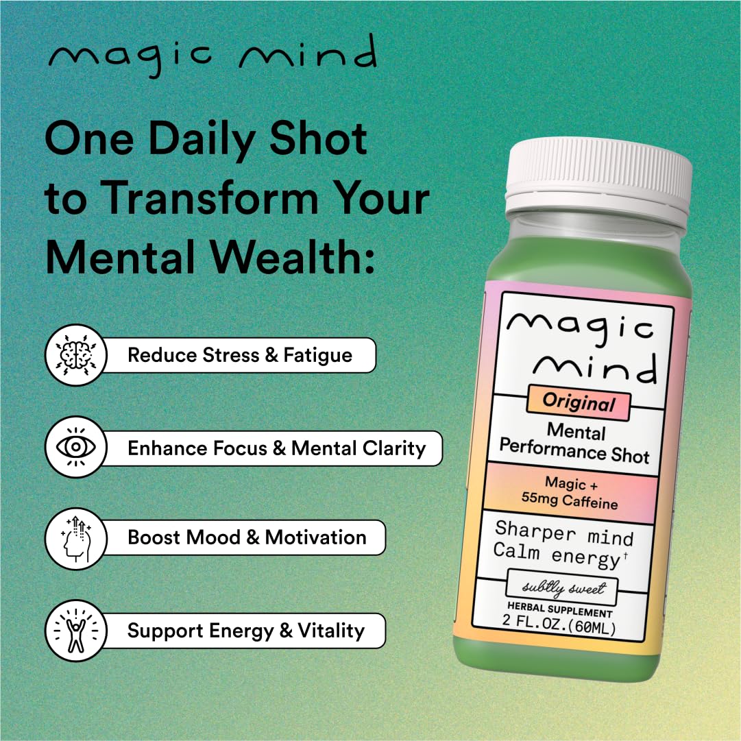 Magic Mind Energy And Focus Drink Shots - Stress Relieving, No Jitters, Ashwagandha, Vitamin B12, Vitamin C, Matcha Green Tea, Functional Mushrooms - 2 FL Oz (15 Pack) Magic MindBuy Supplements Australia