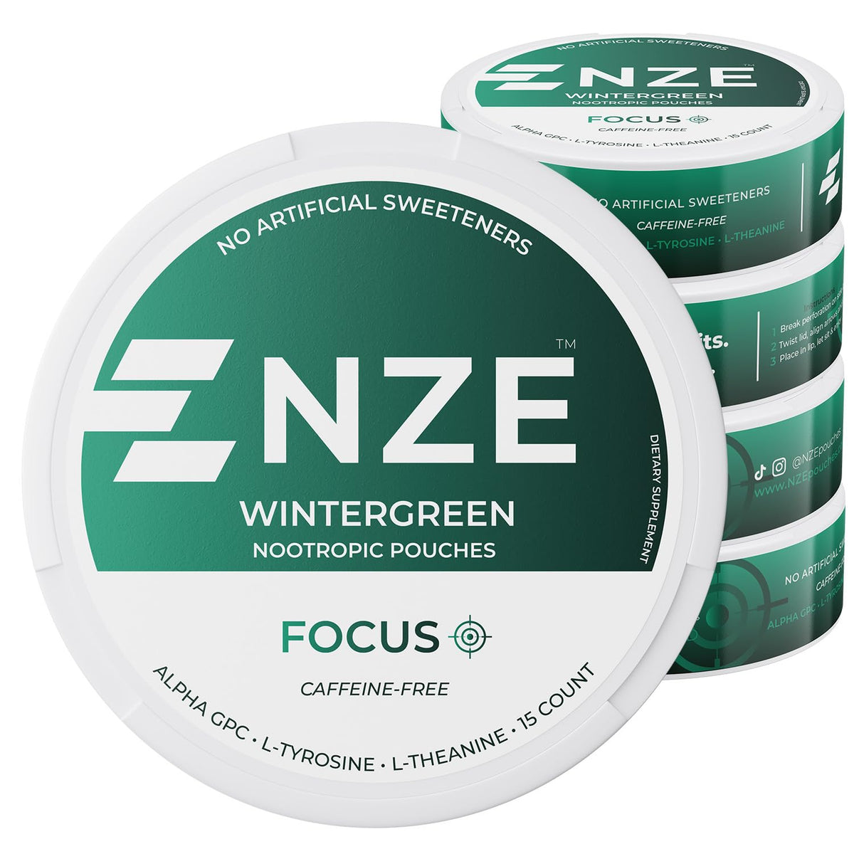 NZE Caffeine Free Nootropic Pouches (Wintergreen) - Nootropic Pouches with Alpha GPC, L-Tyrosine & L-Theanine - No Sugar or Artificial Sweeteners - 15 Pouches Per Can - 5 Pack NZEBuy Supplements Australia