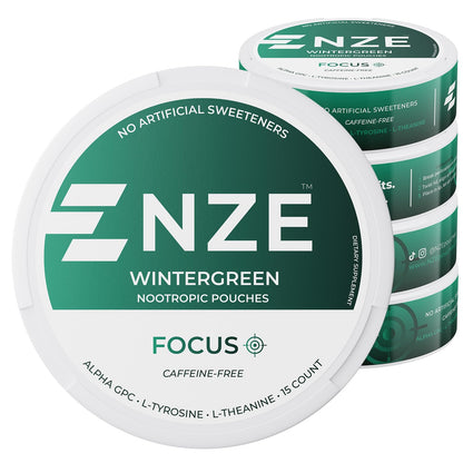 NZE Caffeine Free Nootropic Pouches (Wintergreen) - Nootropic Pouches with Alpha GPC, L-Tyrosine & L-Theanine - No Sugar or Artificial Sweeteners - 15 Pouches Per Can - 5 Pack NZEBuy Supplements Australia