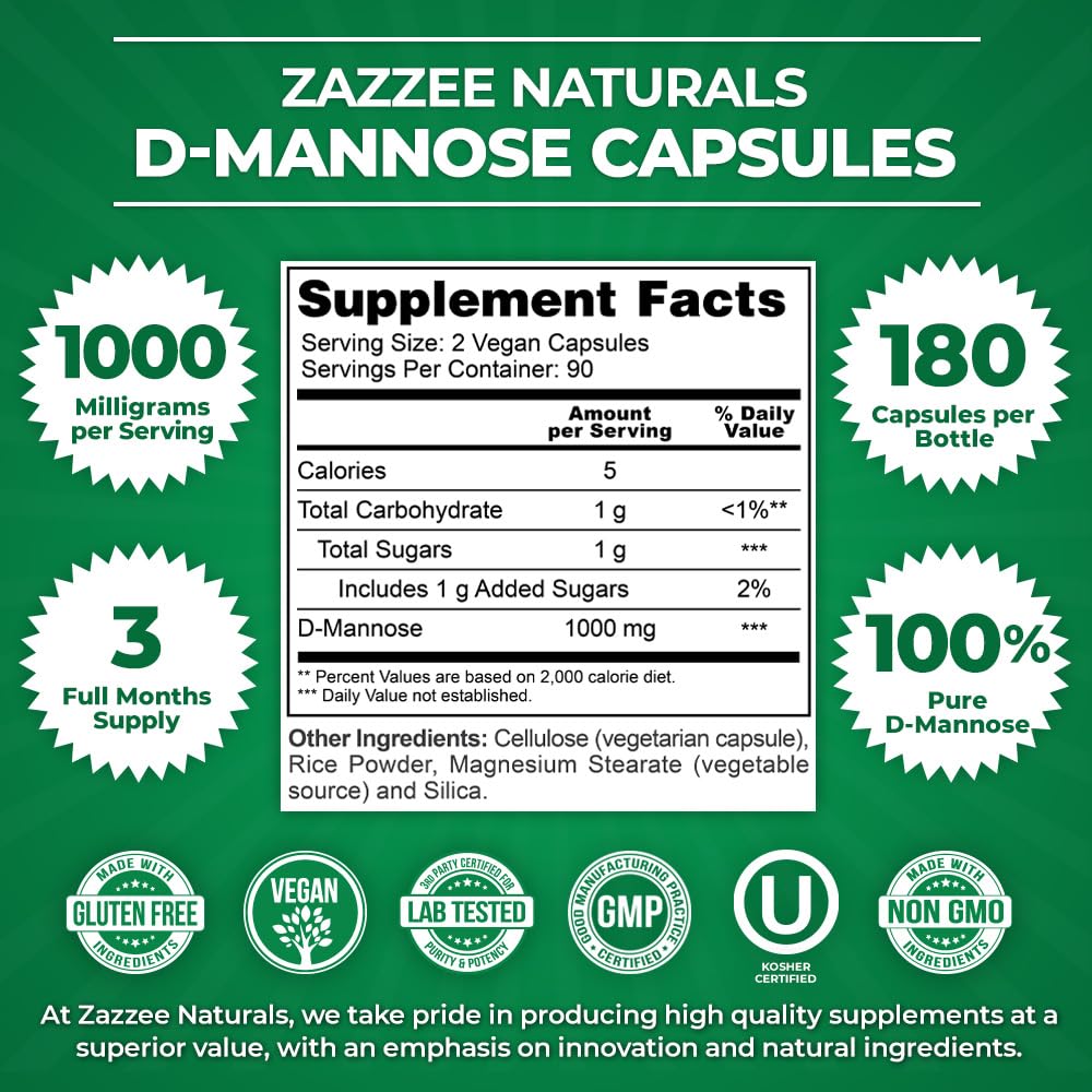 Zazzee D-Mannose, 1000 mg per Serving, 180 Vegan Capsules, 3 Month Supply, Potent ZazzeeBuy Supplements Australia