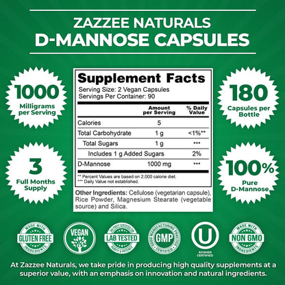 Zazzee D-Mannose, 1000 mg per Serving, 180 Vegan Capsules, 3 Month Supply, Potent ZazzeeBuy Supplements Australia